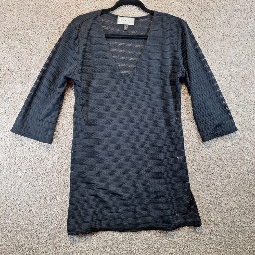 J Valdi Swim Cover Up Women M Black V-Neck Sheer Textured Tunic Beach Resortwear